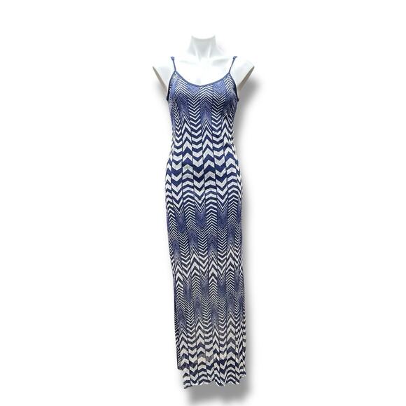 Chevron Maxi Dress Zigzag Pattern Bodycon Navy Blue Tan Slits Slip Lined L Y2K - Picture 7 of 8